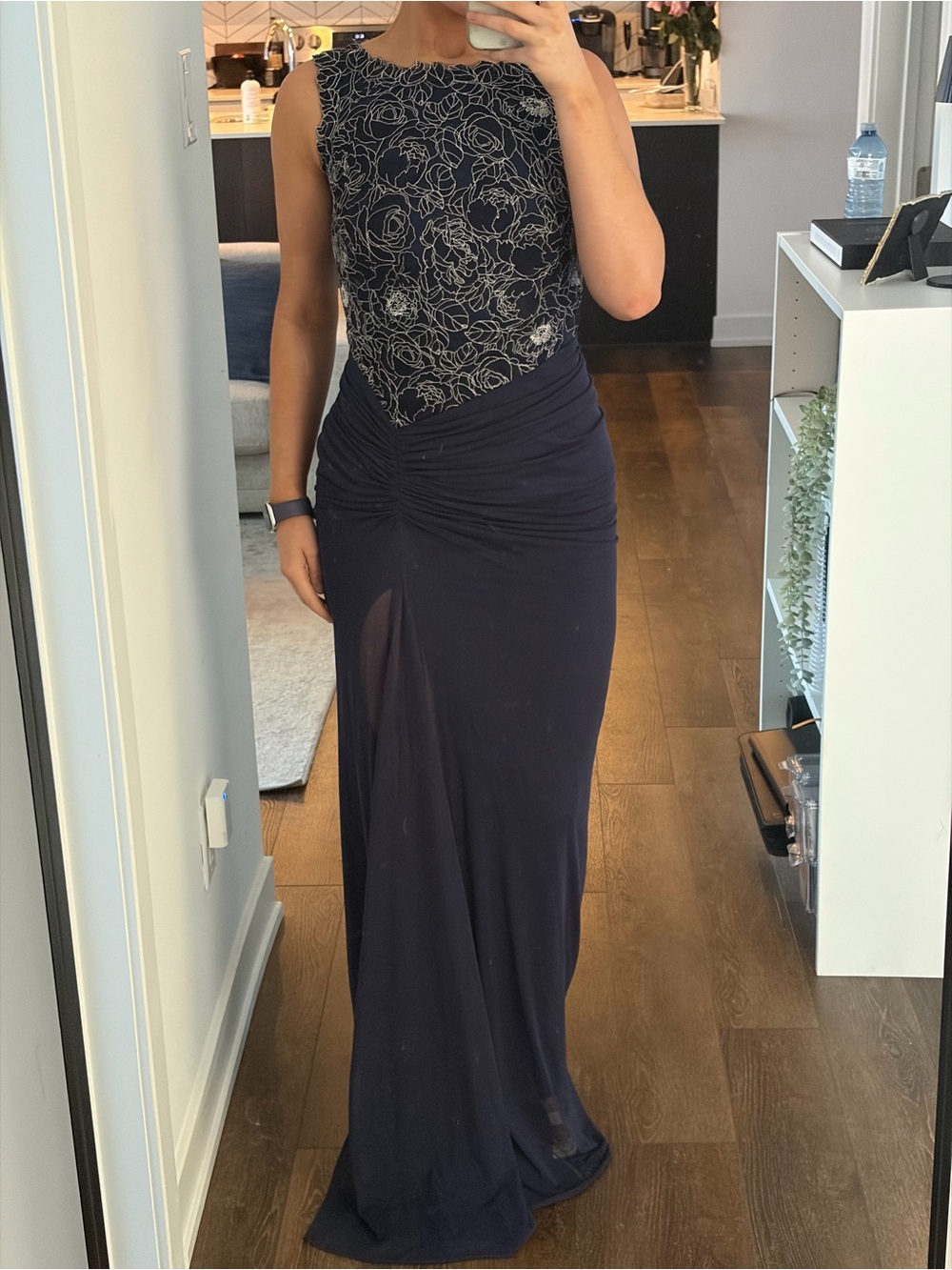 Tadashi Shoji Navy Lace-Trim Evening Dress